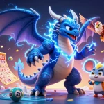 Engage with the thrilling energy of qs88 featuring a dragon, hawk, and mascot amidst colorful lottery elements.