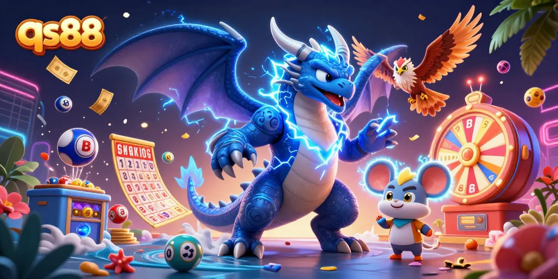 Engage with the thrilling energy of qs88 featuring a dragon, hawk, and mascot amidst colorful lottery elements.