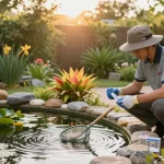 Pond expert near me examining water quality at a serene pond, surrounded by lush greenery and aquatic plants.