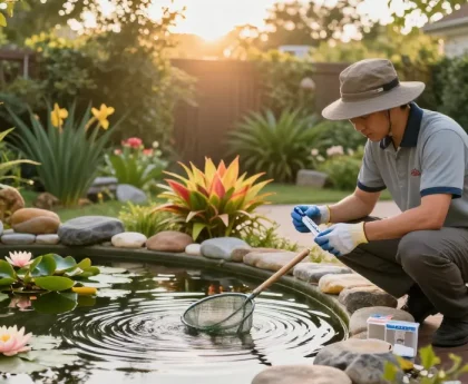 Pond expert near me examining water quality at a serene pond, surrounded by lush greenery and aquatic plants.