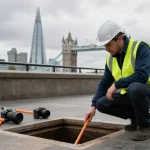 Expert drainage services in London being performed by a professional engineer inspecting a drainage system
