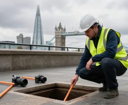 Expert drainage services in London being performed by a professional engineer inspecting a drainage system