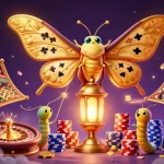 Engage with the vibrant VFF88 casino scene featuring golden moths, dynamic roulette wheels, and cascading coins.