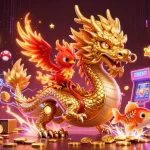Win big at 868vip with a captivating scene of a dragon and phoenix amidst exciting casino elements.