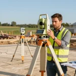 Topographical surveys London: Surveyor using advanced equipment on a construction site.