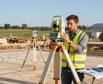 Topographical surveys London: Surveyor using advanced equipment on a construction site.