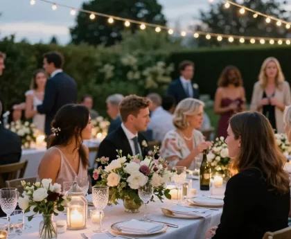 Outdoor wedding reception featuring elegant marquee setup by casablancahire.co.uk, showcasing refined decor and joyous guests.