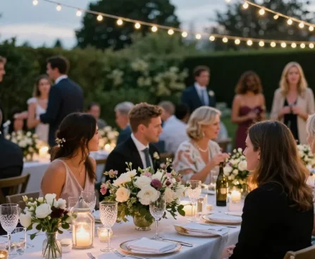 Outdoor wedding reception featuring elegant marquee setup by casablancahire.co.uk, showcasing refined decor and joyous guests.