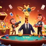 Play thrilling games at PG88, showcasing a vibrant casino scene with an expert high-roller giraffe.