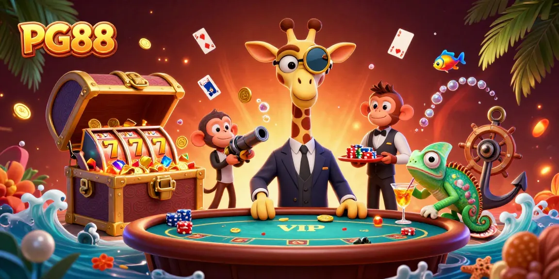 Play thrilling games at PG88, showcasing a vibrant casino scene with an expert high-roller giraffe.