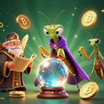 Experience the thrill of go88 with a 3D cartoon scene featuring vibrant cryptocurrency elements and mystical characters.