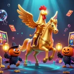 LUCK8 captures the thrilling jackpot experience with a golden rooster and surreal casino elements.