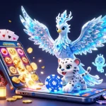 UK88 showcases a vibrant scene with an ice phoenix and poker elements bursting with excitement.