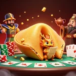 Play exciting poker games at nk88 as golden dragon guards treasure amid vibrant casino elements.