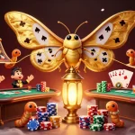 GO88 showcases vibrant casino gameplay with a dazzling 3D moth and poker elements.