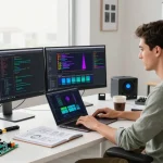 Engineer utilizing beta tools in a modern tech workspace with code and gadgets.