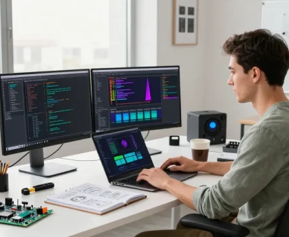 Engineer utilizing beta tools in a modern tech workspace with code and gadgets.