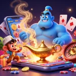 Experience the thrill of okvip's 3D casino-themed illustration featuring a genie, money, and gaming elements.