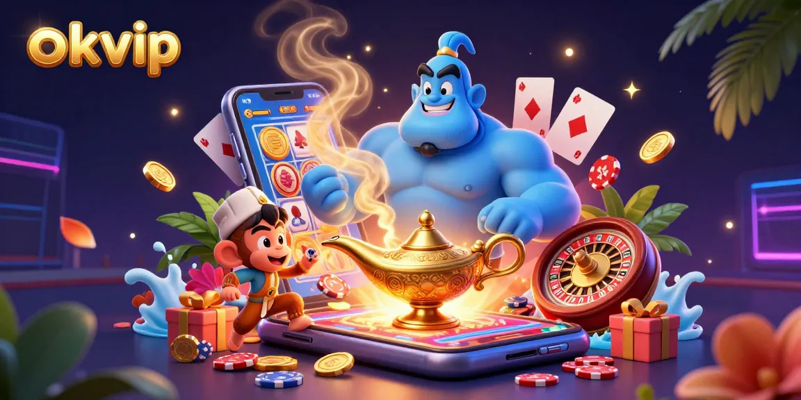 Experience the thrill of okvip's 3D casino-themed illustration featuring a genie, money, and gaming elements.