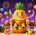 Join zbet's vibrant beach casino scene with a golden pineapple king and playful jester juggling lottery excitement.