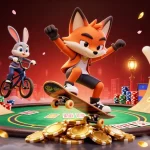 Experience sky88 excitement with a kicking fox and BMX-riding rabbit in a vibrant casino scene.