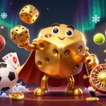 Join 11win's excitement with a 3D golden dice golem juggling and sports elements in a vibrant casino scene.
