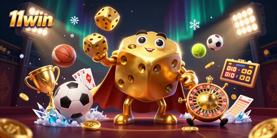 Join 11win's excitement with a 3D golden dice golem juggling and sports elements in a vibrant casino scene.
