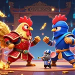 Play exciting games at 188M with a dynamic rooster showdown and golden feathers flying.