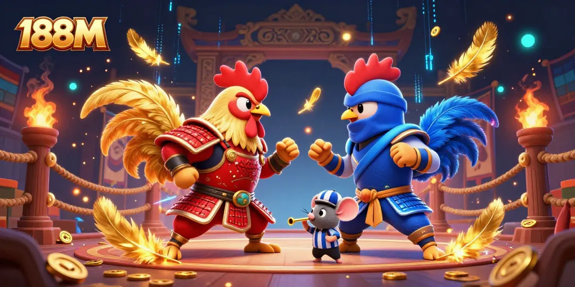 Play exciting games at 188M with a dynamic rooster showdown and golden feathers flying.