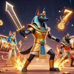 Engage with lucky88's vibrant 3D illustration showcasing Anubis and Bastet in a casino setting.