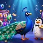 Experience thrilling wins with M3 Casino Slot in this vibrant illustration of a peacock, penguin butler, and hummingbird.