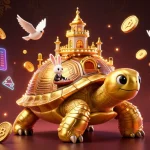 Engaging MM88 casino illustration with a golden tortoise and rabbit dealer showcasing amazing games and crypto.