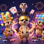 Immerse in the mhfe casino world where meerkats deal cards, celebrating with vibrant visuals and slot games.