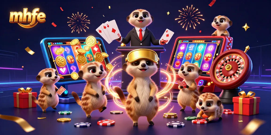 Immerse in the mhfe casino world where meerkats deal cards, celebrating with vibrant visuals and slot games.