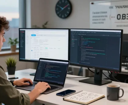 Efficient workspace illustrating the PulseChain Bridge in action, with coding displays and blockchain developer tools.