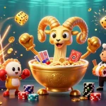 Hello88 showcases an exciting casino scene with a golden ramen bowl dealer surrounded by vibrant slot elements and festive decorations.