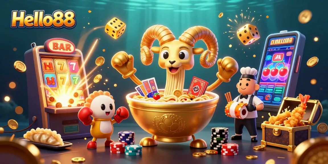 Hello88 showcases an exciting casino scene with a golden ramen bowl dealer surrounded by vibrant slot elements and festive decorations.
