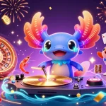 Spin with 33WIN as a vibrant axolotl DJ rocks the underwater casino scene, surrounded by joyful shrimp and sparkling treasures.