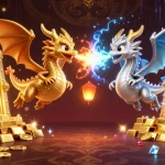 BONGDALU showcases an epic scene with golden and silver dragons amidst vibrant gambling elements.