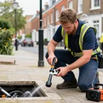 Drainage services in London by professional engineer inspecting drainage system with advanced tools in a residential area.