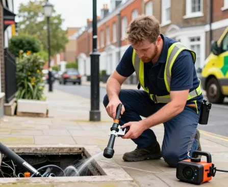 Drainage services in London by professional engineer inspecting drainage system with advanced tools in a residential area.