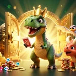 Experience the thrilling excitement of GO88 casino with a dynamic illustration of a friendly T-Rex shuffling cards.