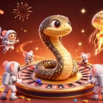 Engaging cosmic scene featuring key chính as astronauts gamble around a roulette wheel in space.