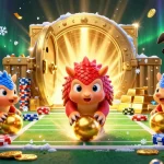 gg88 pangolins roll golden balls through poker chips in a vibrant casino-themed illustration.