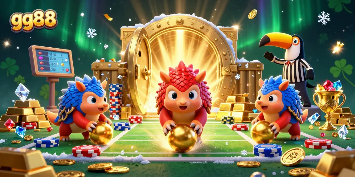 gg88 pangolins roll golden balls through poker chips in a vibrant casino-themed illustration.