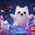 Experience the thrilling 7c777 casino with a friendly ghost cat and vibrant slot elements.