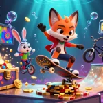 Experience excitement at qs8886 with vibrant slot reels, fox skateboarding over golden poker chips.
