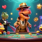 Engage with zbet com's vibrant 3D cartoon scene featuring a sneaky velociraptor gambling.
