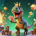 Sky88 features a friendly T-Rex shuffling cards at a casino, filled with golden chips and jackpot vibes.