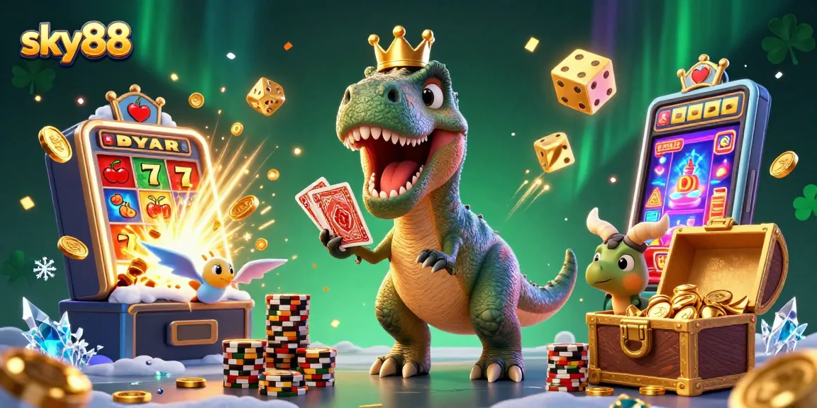 Sky88 features a friendly T-Rex shuffling cards at a casino, filled with golden chips and jackpot vibes.